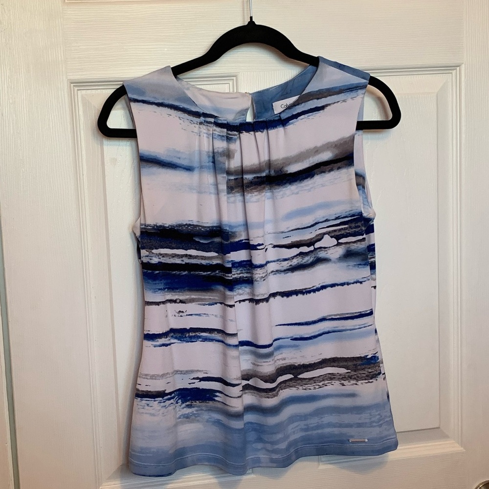 Calvin Klein Watercolor Blue and White Sleeveless Shell Top